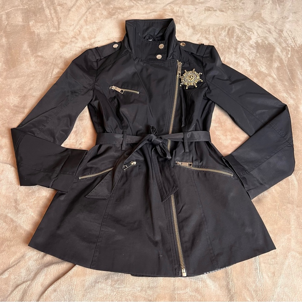 GUESS Short Black Zip Trench Coat With Belted Waist and Gold Accents - Size S